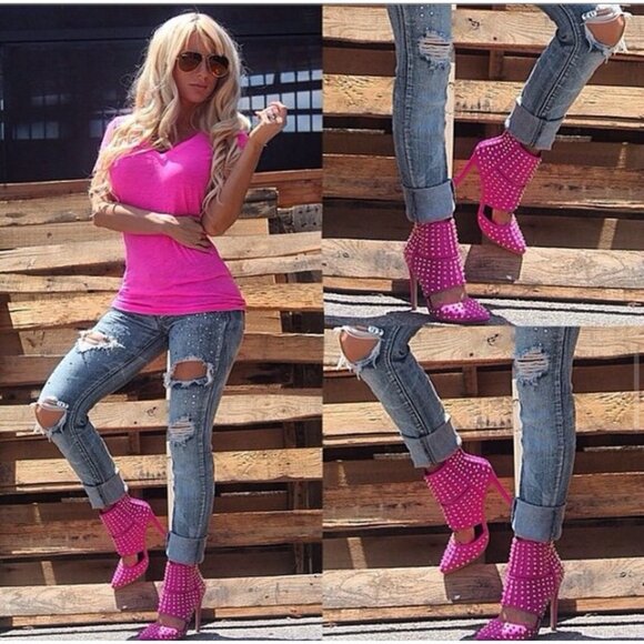 Studded Passion Pink Open-Toe Heels By Red Kiss Size 11 4.5" Stiletto Heel Back - Picture 2 of 8